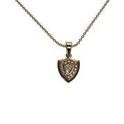 14K yellow gold Aggie Shield™ diamond pendant with maroon garnets on cable chain.
